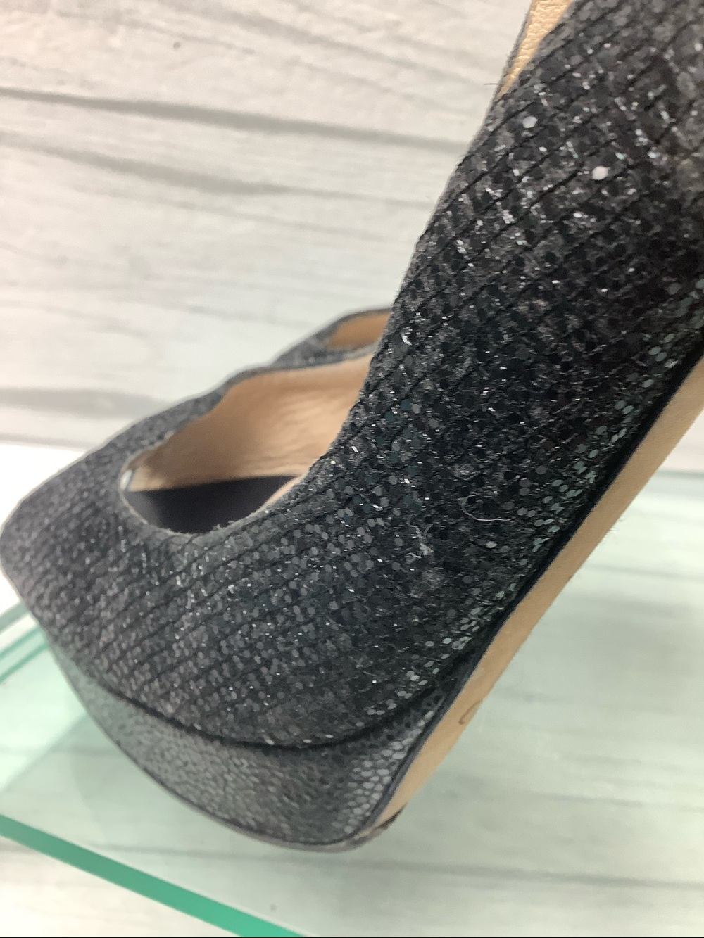 Jimmy Choo Black Glitter Peep-Toe Slingback Heels - Picture 4 of 10
